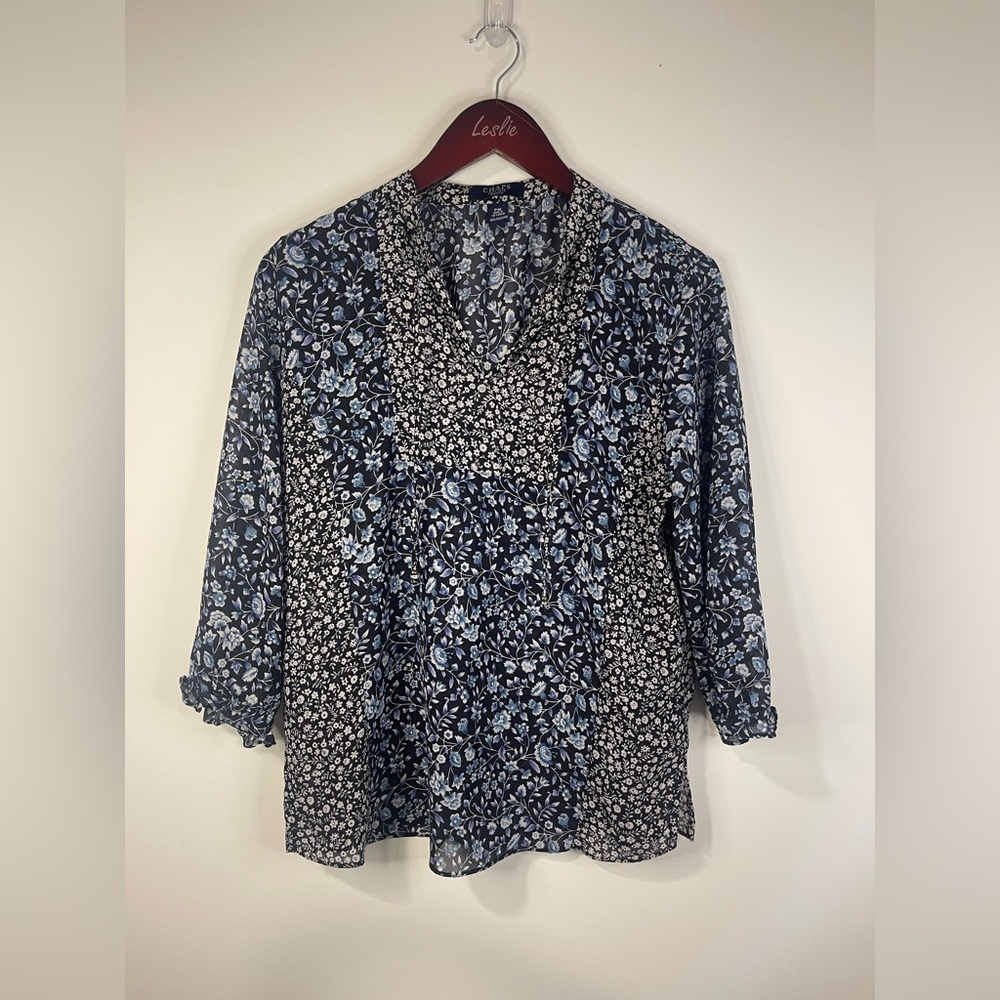 Chaps Women's Black and Blue V Neck Floral‎ Blouse